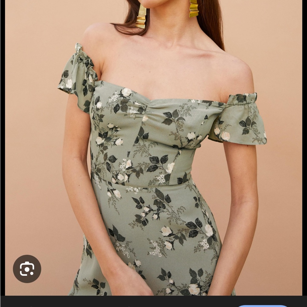Reformation Green Off-Shoulder Flutter Sleeve Sundress